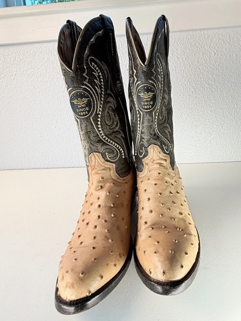 El General Ostrich Print Western Cowboy Boots Size 8 Tan Leather Embroidered